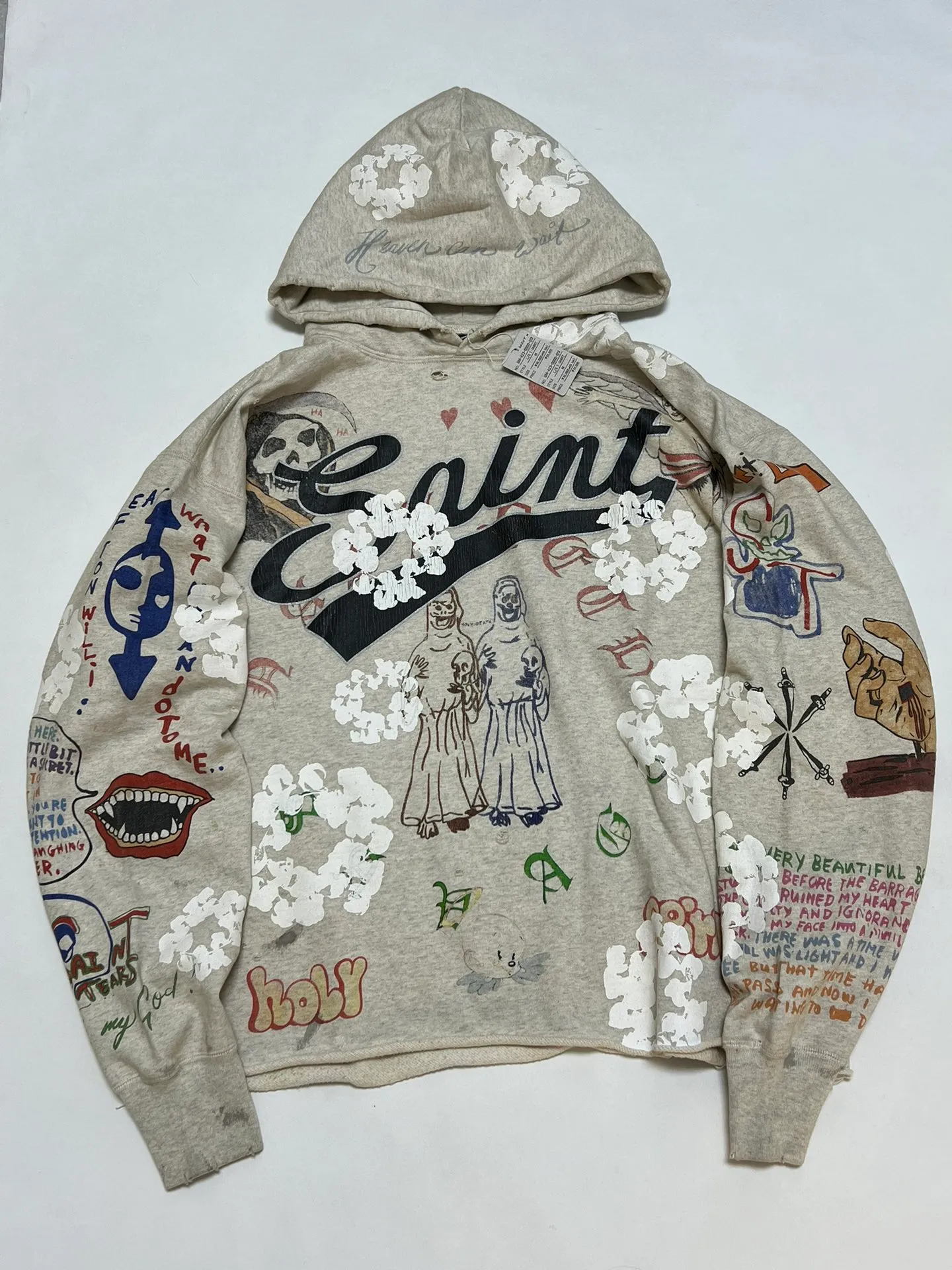 DENIM TEARS × ©SAINT M×××××× "SAINT TEARS" Graffiti Hoodie Joint Model Cotton Graffiti Hoodie Fully Printed Washed Distressed Holes Vintage Sweatshirt Gray S-XL Super Heavy Duty! The whole piece is printed with 35 screens and counterpoint printing!